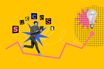 Composite collage image of funny young man success create hurry business strategy electric bulb fantasy billboard comics zine minimal