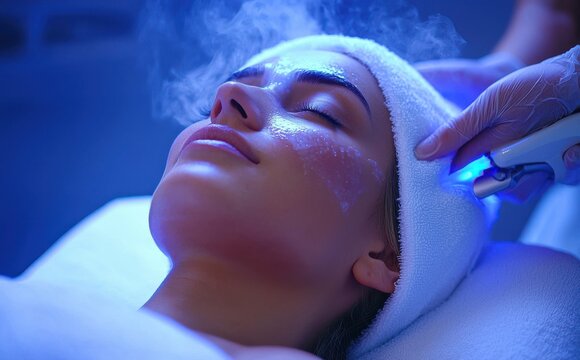 Woman receiving a relaxing blue light spa treatment with facial mask in serene setting