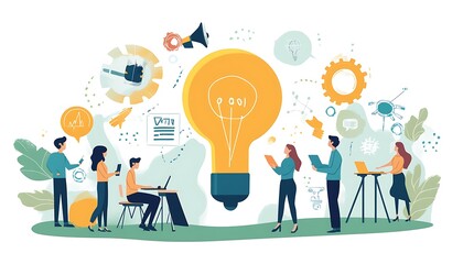 A group of diverse people collaborating around a large lightbulb, symbolizing innovation and teamwork.
