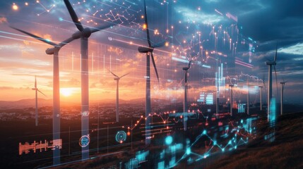 Obraz premium Wind Turbines at Sunset with Digital Data Overlay