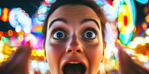 Eyes wide open with surprise and amazement, set against the backdrop of a vibrant carnival