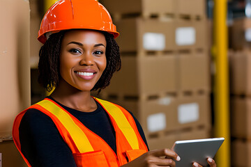 Smiling African woman in a warehouse, in an orange safety vest and hard hat, using a tablet for efficient inventory control.