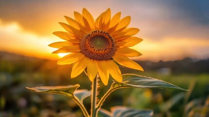 Fototapeta premium A vibrant sunflower against a sunset backdrop, showcasing nature's beauty and tranquility.