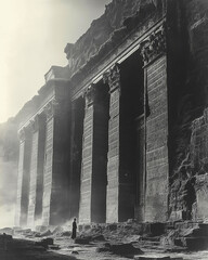 Black and white photograph of ancient stone temple ruins with massive columns, shrouded in mist, creating a mysterious and timeless atmosphere