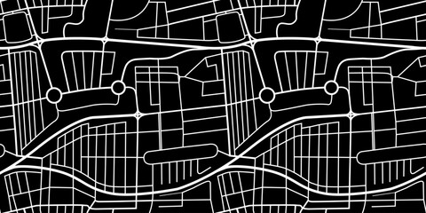 Seamless city map pattern. Urban planning - road plan of European city. Simple black white background.