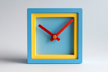 Square clock with colorful blue, yellow, and red design, displaying a minimalist and modern aesthetic
