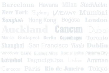 World city names grey design. Travel destination concept for a doormat, tablecloth or bedsheet.