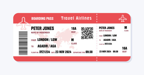Ticket to Agadir, Morocco. Boarding pass template with generic data. Travel flight ticket vector illustration with QR code.