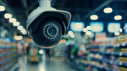 Close-up of a security camera with a blurred supermarket hall in the background.
