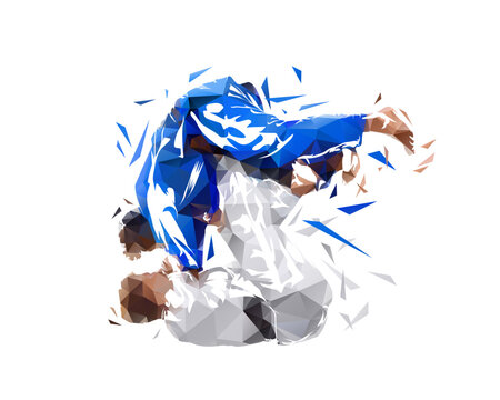 Judo sport, two fighters in kimono, isolated low polygonal vector illustration, martial arts