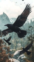 Obraz premium A flock of black birds soaring through a mountainous landscape.