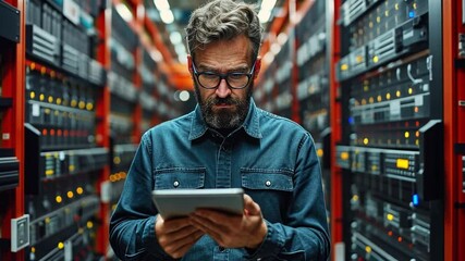 A tech expert is focused on assessing data in a server room, surrounded by rows of servers and technical equipment.