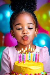 Birthday celebration with an African girl in blowing out candles on a yellow cake, set against a backdrop of colorful balloons. Birthday concept.