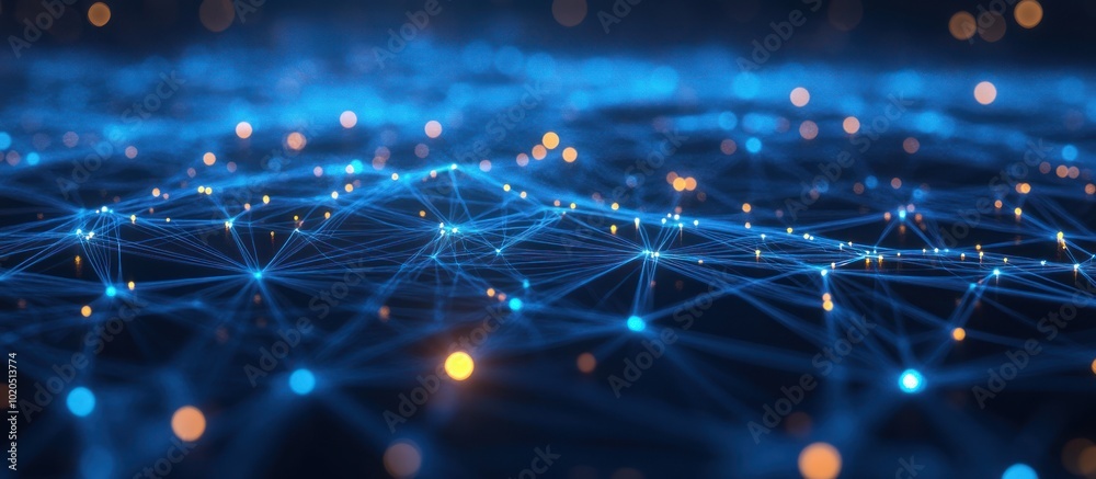 Wall mural abstract blue network with glowing points and lines.