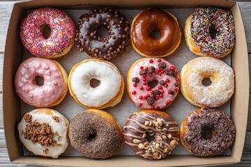 A delightful assortment of colorful donuts arranged in a box ready for sharing