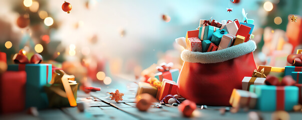 Fototapeta premium Santas toy bag overflowing with colorful Christmas presents, festive scene, 3D illustration