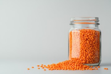 A clear glass jar holds a bright collection of red lentils, with some spilling onto a plain surface