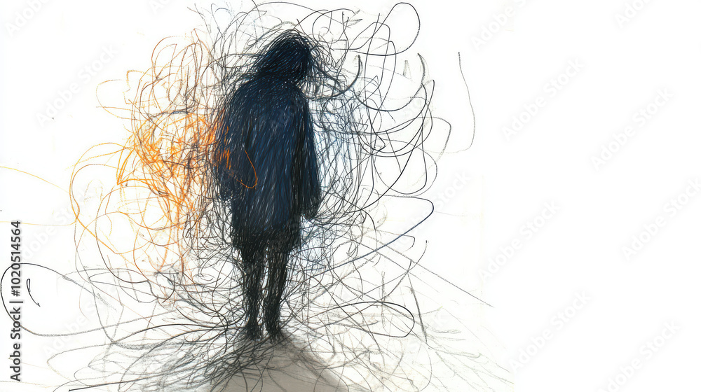 Wall mural abstract drawing of a solitary figure surrounded by chaotic scribbles and lines.