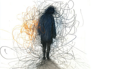 abstract drawing of a solitary figure surrounded by chaotic scribbles and lines.
