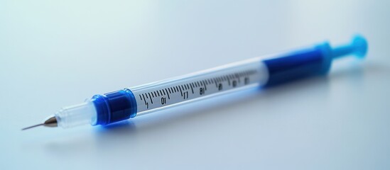 A close-up view of a blue and clear medical syringe with a needle lying on a white surface.
