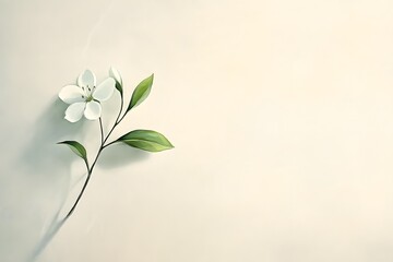 A delicate white flower with green leaves rests against a soft beige background, showcasing natural beauty and simplicity.