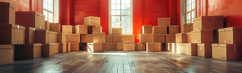 Boxes stacked up in a room with a window and a red wall, moving boxes