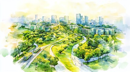 Urban landscape with green hills and cityscape