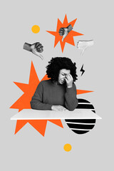 Vertical photo collage of upset cry american girl suffer headache people crowd show dislike gesture...