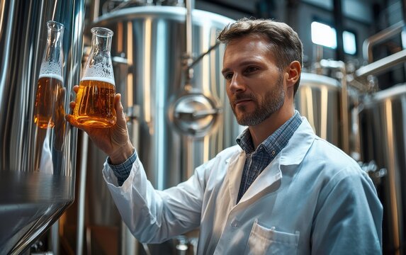 Male food safety inspector examining beverage sample in a modern brewing facility, wearing white lab coat and smiling