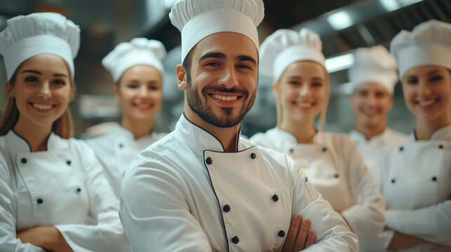 Smiling team of professional chefs in kitchen, wearing white uniforms, culinary expertise, teamwork, restaurant environment, diverse group, food preparation, hospitality industry, teamwork and skill