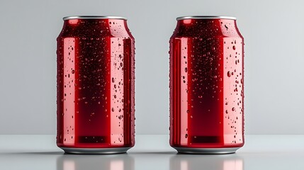 Two shiny red soda cans with condensation, standing side by side against a simple gray background.