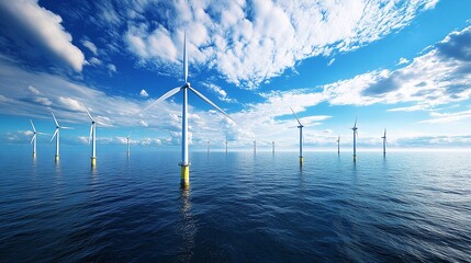 offshore wind turbines standing tall in blue waters under clear skies symbolizing clean renewable energy and the harnessing of nature's power for sustainable and green electricity generation