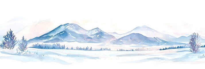 A serene winter landscape featuring snow-covered mountains and trees, rendered in soft watercolor tones.