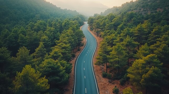 Long winding road through dense forest and mountains, nature highway, scenic drive, peaceful travel route, mountain view, adventure, outdoor exploration, countryside journey, green landscape
