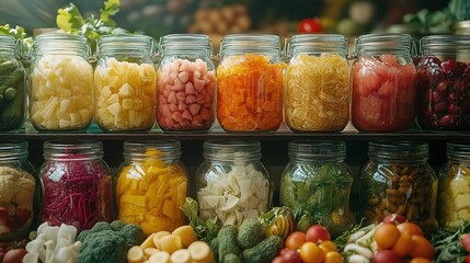 vibrant collection of fermented foods in glass jars featuring colorful fruits and vegetables symbolizing nutritious probiotic-rich cuisine that supports gut health and overall wellness