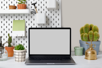 Laptop screen mockup png, plant lover workspace