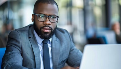 Focused business professional engaged with laptop in a sleek, contemporary office environment