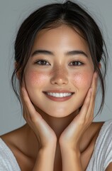 A radiant Asian woman with dark hair smiling warmly, showcasing natural beauty and joy.