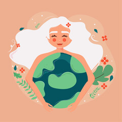 Save the planet. World environment day. Vector web banner, poster with Earth, plants and woman