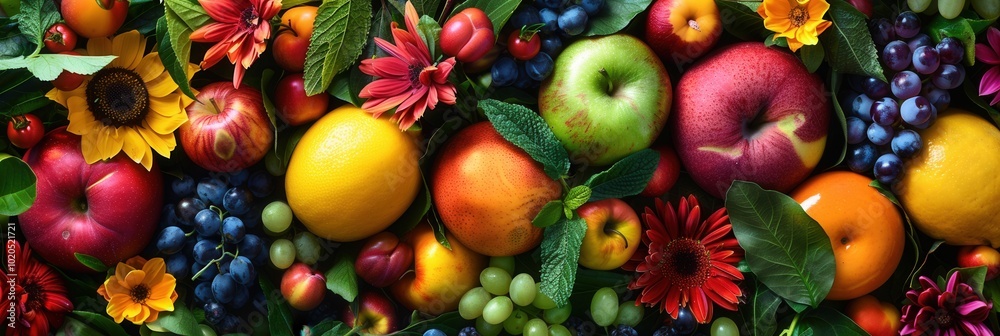 Poster an array of fresh and ripe fruits alongside bright flowers is gathered together in a natural dayligh