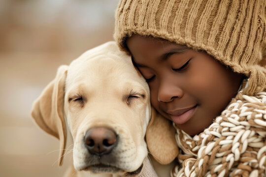 Ni&ntilde;o de tez oscura abrazando a su perro labrador.