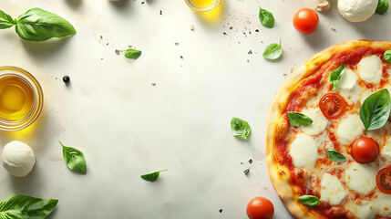 Delicious pizza with fresh ingredients, basil leaves, tomatoes, mozzarella, and olive oil on a bright countertop.