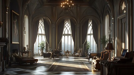 Obraz premium Sunlit Interior of a Grand Mansion with Ornate Furnishings and Arched Windows