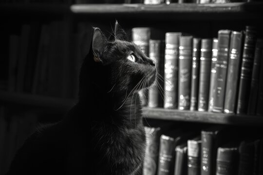 Black cat sitting in front of a book shelf, animal background