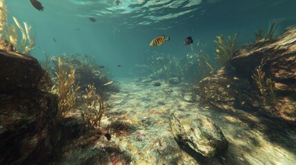 Underwater Scene with Fish and Seaweed in a Sunlit Shallow Reef