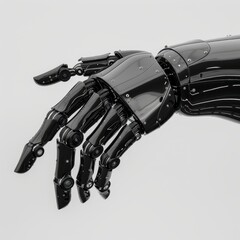 Fototapeta premium A sleek, black robotic hand showcases intricate mechanical details and joints, Ideal for technology, innovation, or futuristic themes in marketing, advertising, and design projects,