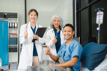 Fototapeta premium Doctor talking with man patient for monitoring and check up after surgery. doctor touching patient hand and consoling.