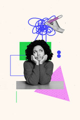 Vertical photo collage of dissatisfied american girl hand draw pencil brainwash control thoughts...