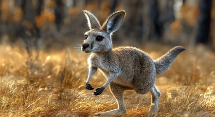 Fototapeta premium Adorable Kangaroo Jumping in Grassy Field