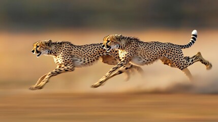 Two cheetahs sprinting across a blurred landscape, showcasing speed and agility in nature.